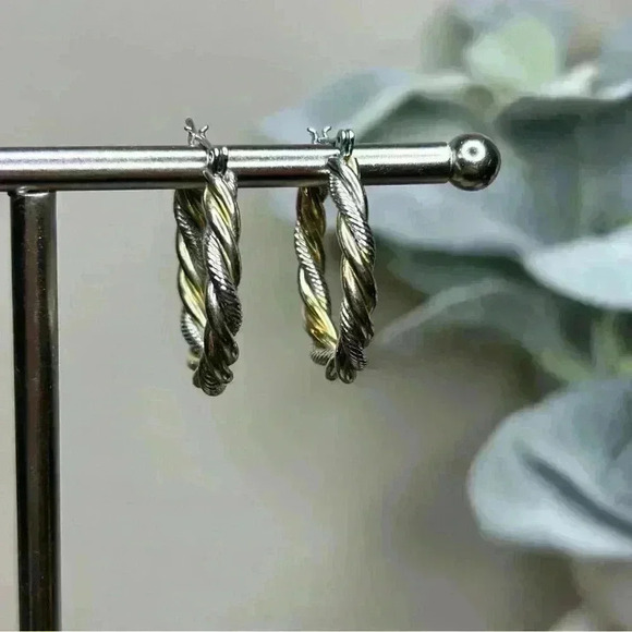 Vintage Silver and Gold Tone Twist Hoop Earrings - Picture 2 of 2